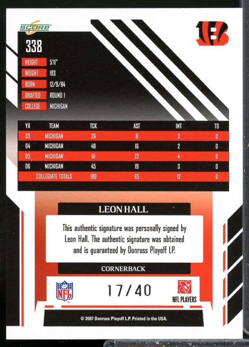 Leon Hall/40 Rookie Card 2007 Select Inscriptions Rookie Auto #338  Image 2