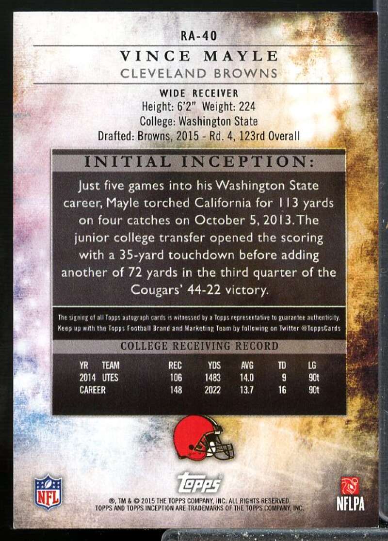 Vince Mayle AU Rookie Card 2015 Topps Inception Rookie Auto #RA40  Image 2