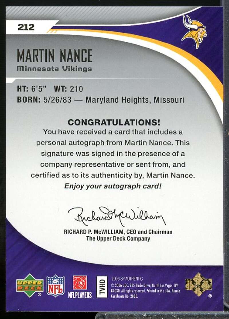 Martin Nance AU Rookie Card 2006 SP Authentic Rookie Auto #212  Image 2
