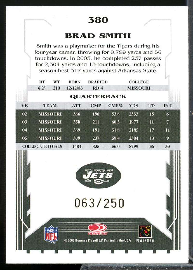 Brad Smith/250 Rookie Card 2006 Select Inscriptions Rookie #380  Image 2