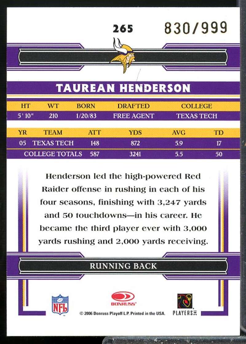 Taurean Henderson AU Rookie Card 2006 Donruss Threads Rookie Auto #265  Image 2