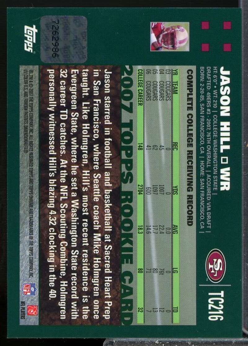Jason Hill G Rookie Card 2007 Topps Chrome Rookie Autographs #TC216  Image 2