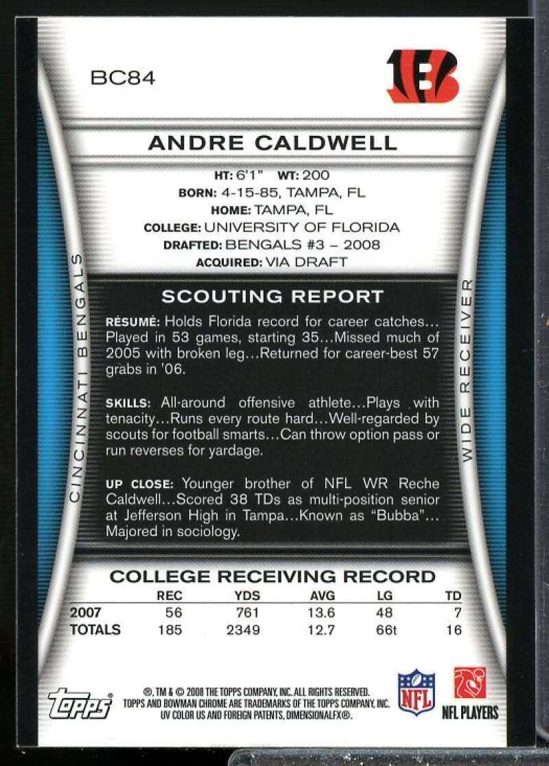 Andre Caldwell G Card 2008 Bowman Chrome Rookie Autographs #BC84  Image 2