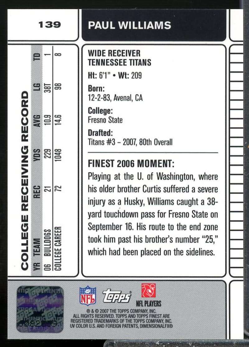 Paul Williams H Rookie Card 2007 Finest Rookie Autographs #139  Image 2