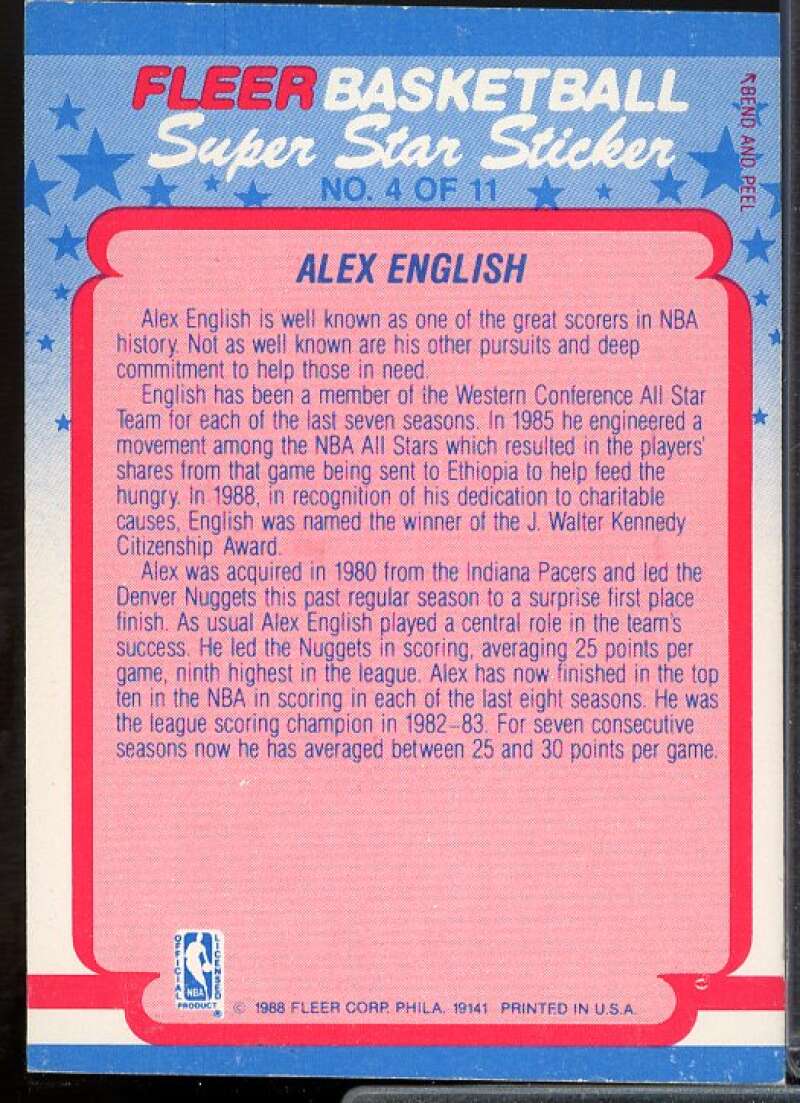 Alex English Card 1988-89 Fleer Stickers #4  Image 2