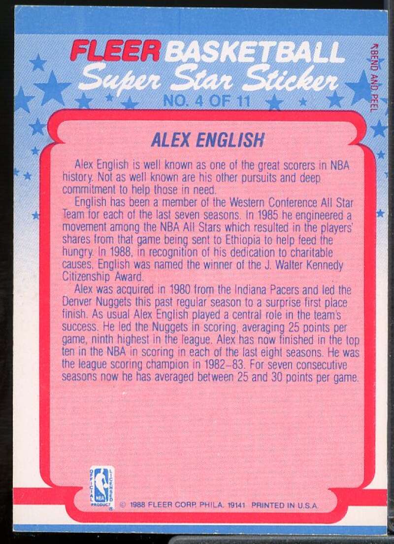 Alex English Card 1988-89 Fleer Stickers #4  Image 2