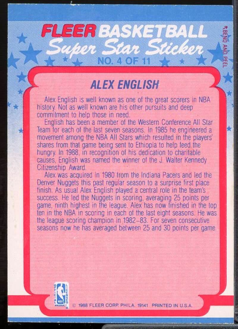 Alex English Card 1988-89 Fleer Stickers #4  Image 2