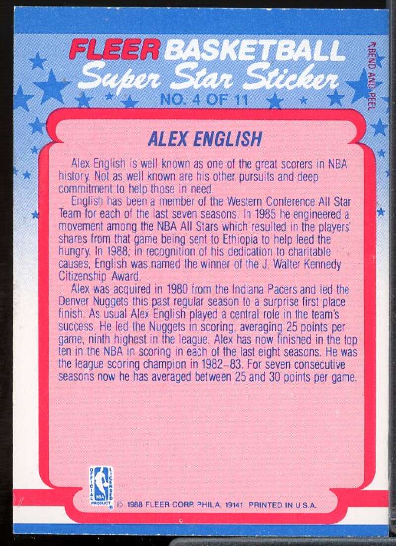 Alex English Card 1988-89 Fleer Stickers #4  Image 2