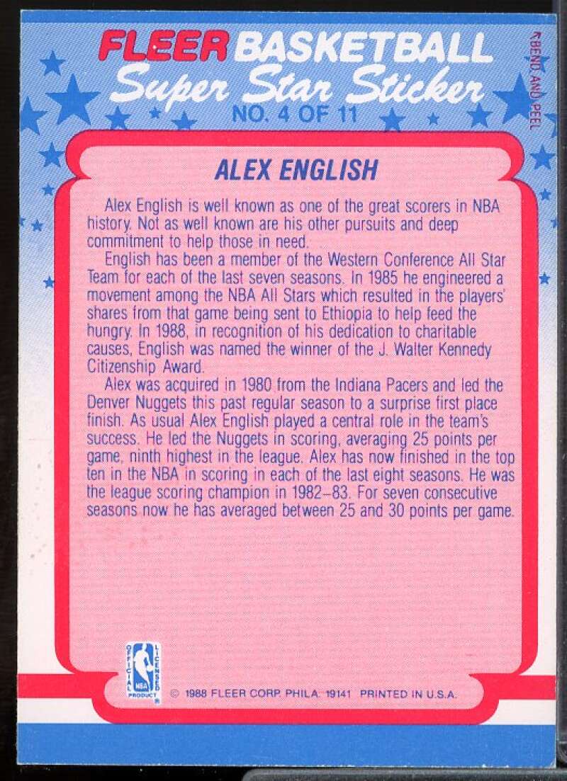 Alex English Card 1988-89 Fleer Stickers #4  Image 2