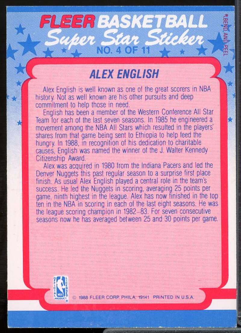 Alex English Card 1988-89 Fleer Stickers #4  Image 2