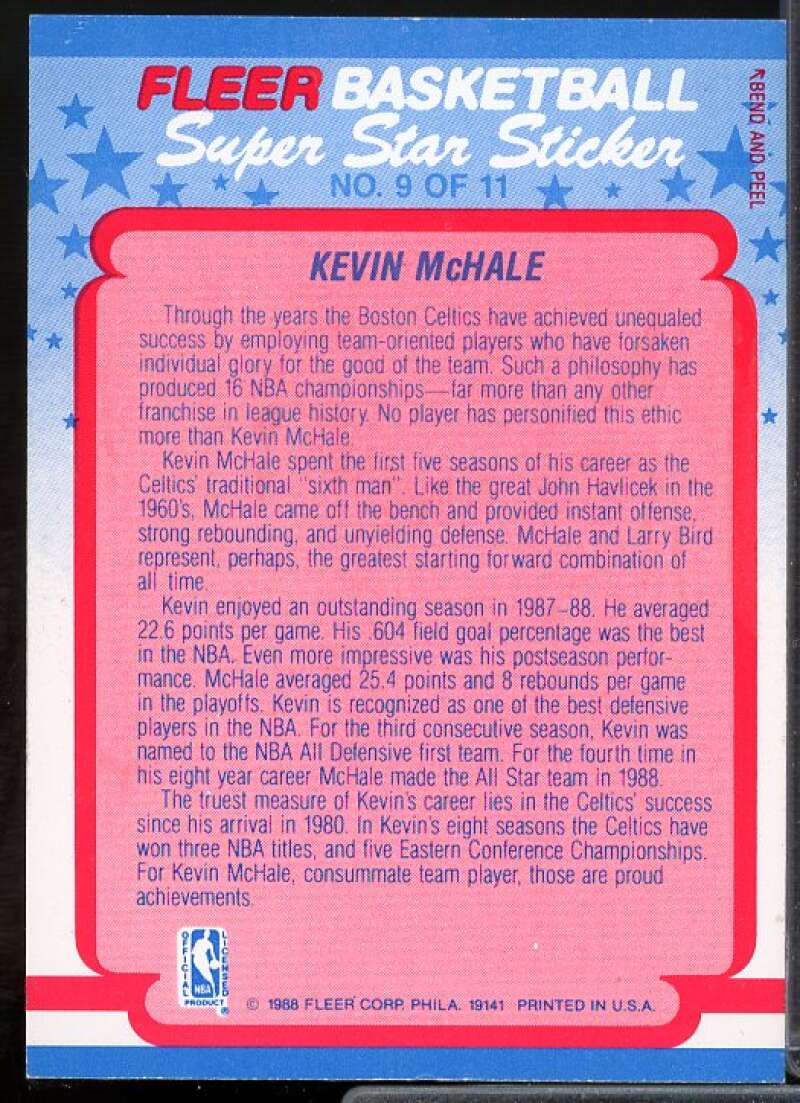 Kevin McHale Card 1988-89 Fleer Stickers #9  Image 2