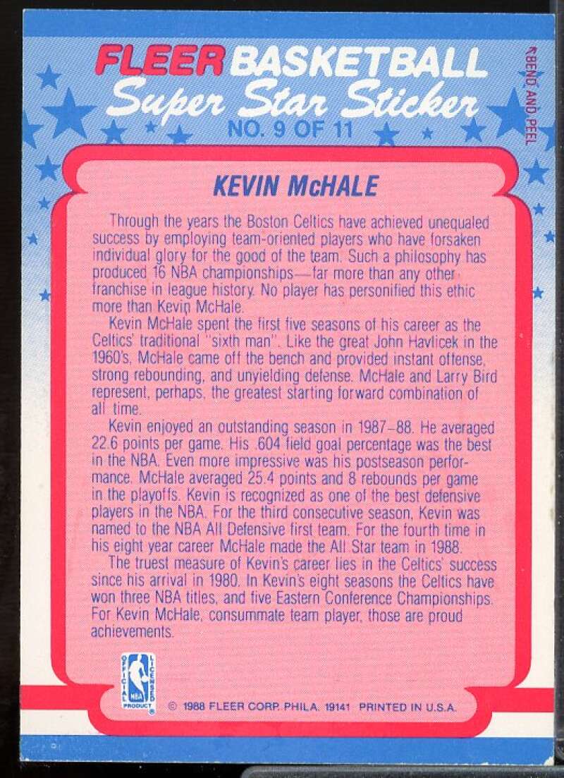 Kevin McHale Card 1988-89 Fleer Stickers #9  Image 2