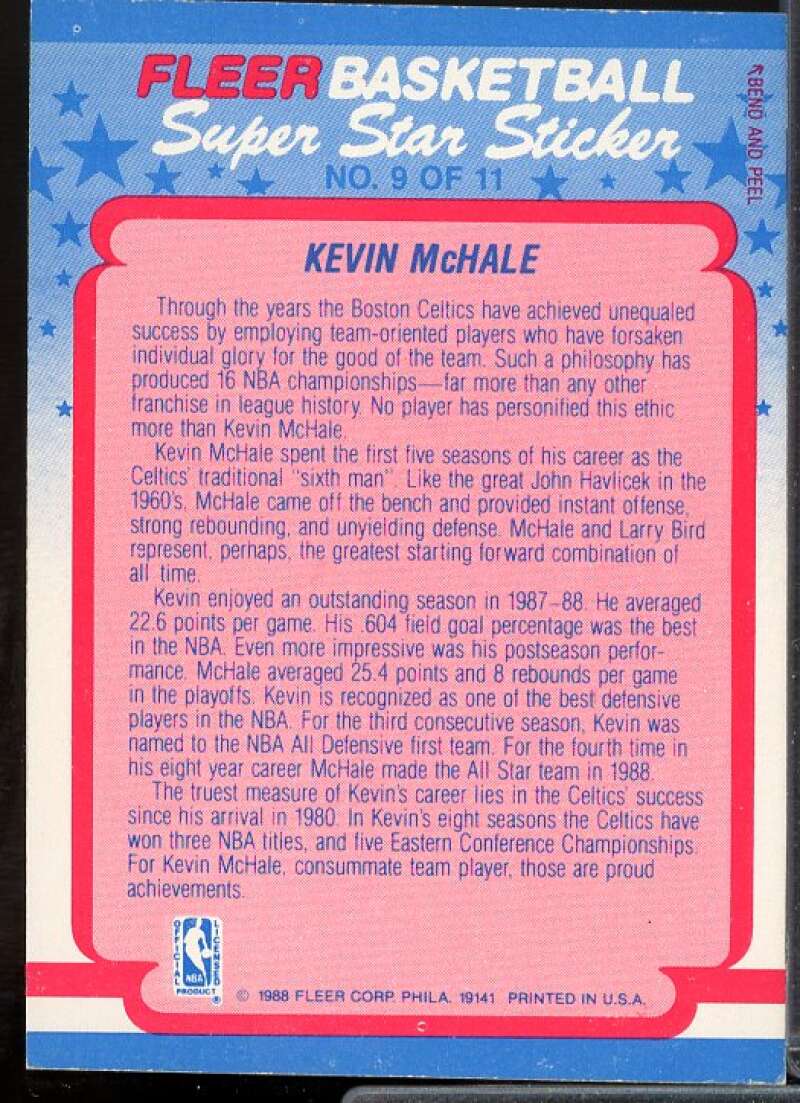 Kevin McHale Card 1988-89 Fleer Stickers #9  Image 2