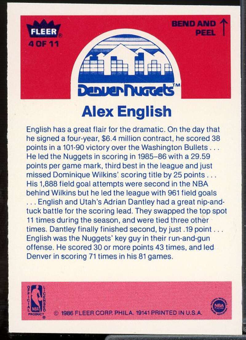 Alex English Card 1986-87 Fleer Stickers #4  Image 2