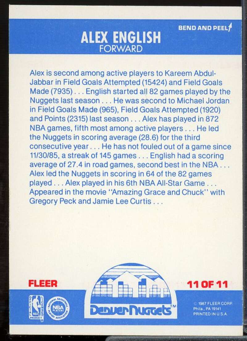 Alex English Card 1987-88 Fleer Stickers #11  Image 2