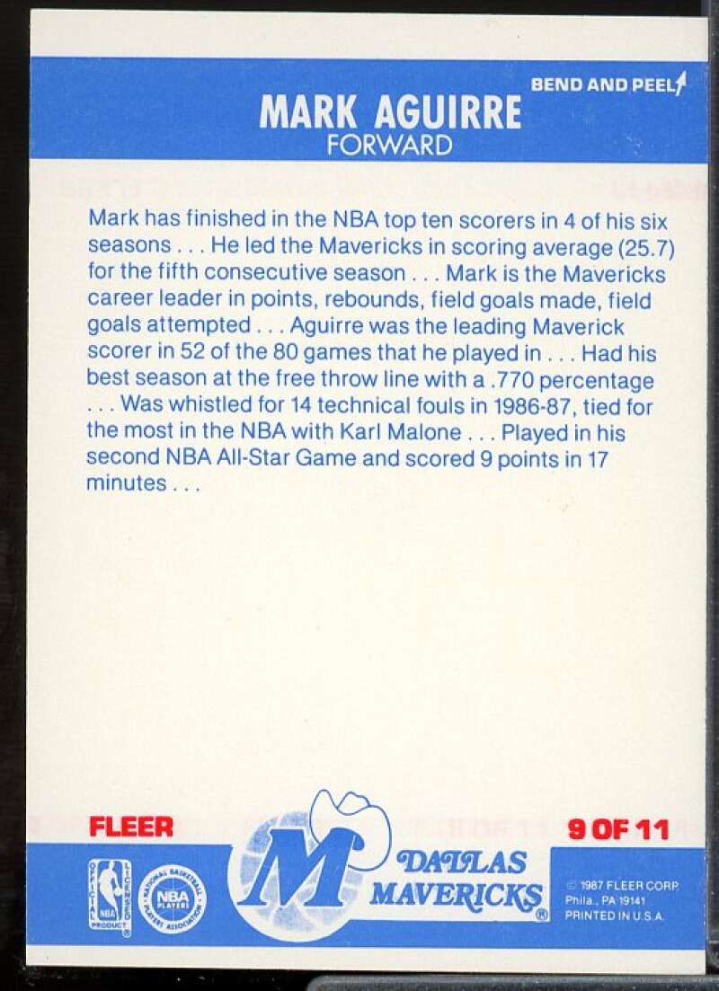 Mark Aguirre Card 1987-88 Fleer Stickers #9  Image 2