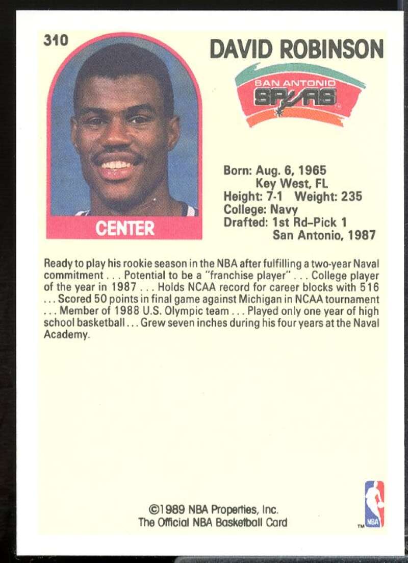 David Robinson IA Rookie Card 1989-90 Hoops #310  Image 2
