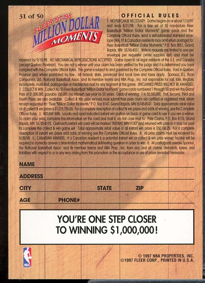 Kobe Bryant Card 1997-98 Fleer Million Dollar Moments #31  Image 2