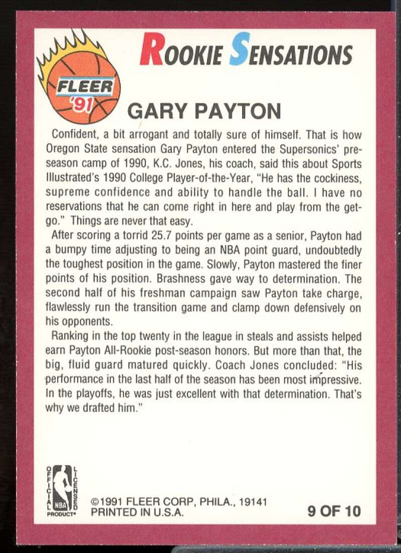 Gary Payton Rookie Card 1991-92 Fleer Rookie Sensations #9  Image 2