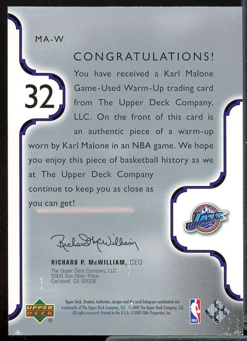 Karl Malone Card 2002-03 Upper Deck Ovation Authentics Warm-Ups #MAW  Image 2