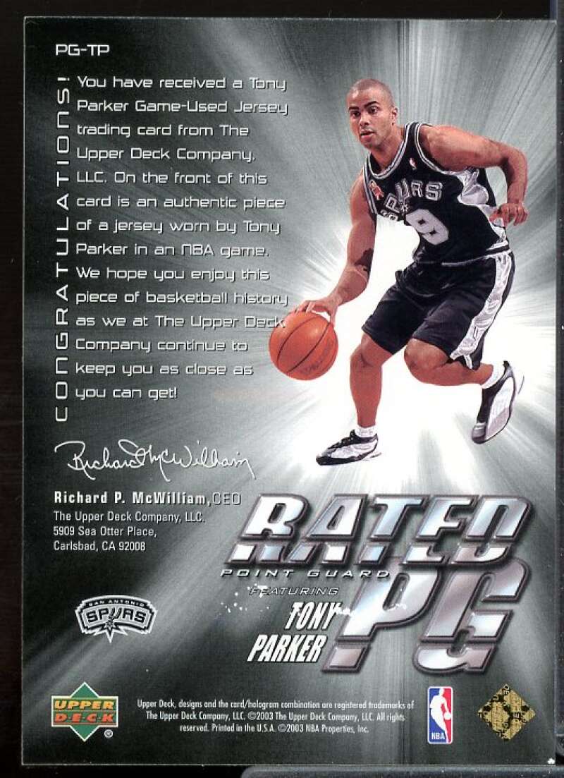 Tony Parker Card 2002-03 Upper Deck Rated PG Jerseys #PGTP  Image 2