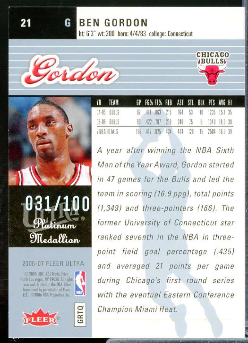Ben Gordon Card 2006-07 Ultra Platinum Medallion #21  Image 2