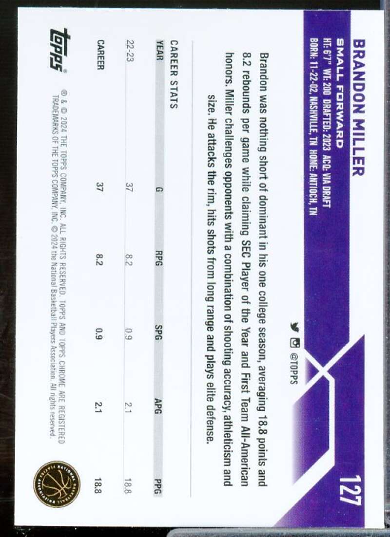 Brandon Miller Rookie Card 2023-24 Topps Chrome #127  Image 2