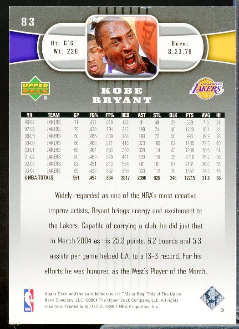 Kobe Bryant Card 2004-05 Upper Deck #83  Image 2