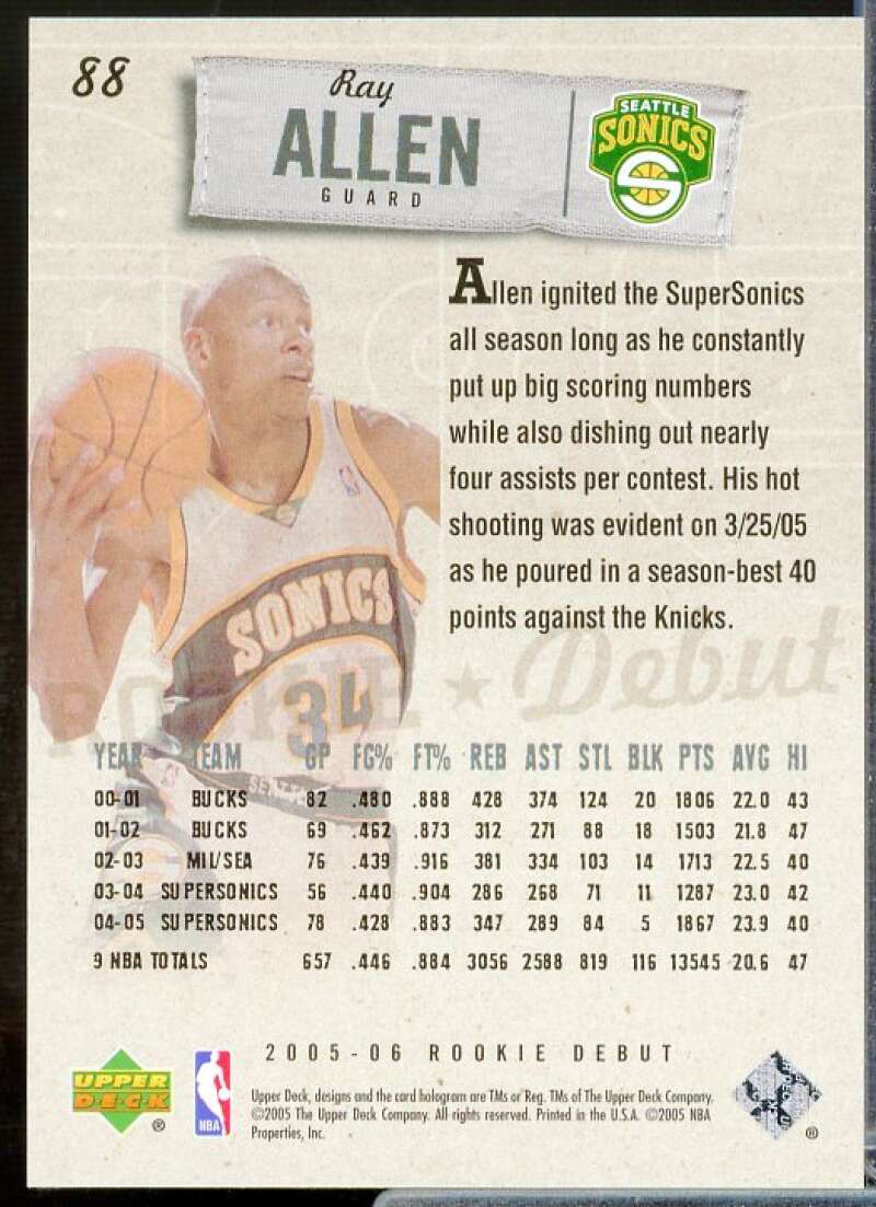 Ray Allen Card 2005-06 Upper Deck Rookie Debut Silver #88  Image 2