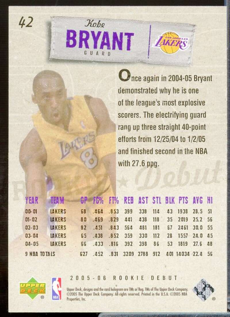 Kobe Bryant Card 2005-06 Upper Deck Rookie Debut #42  Image 2