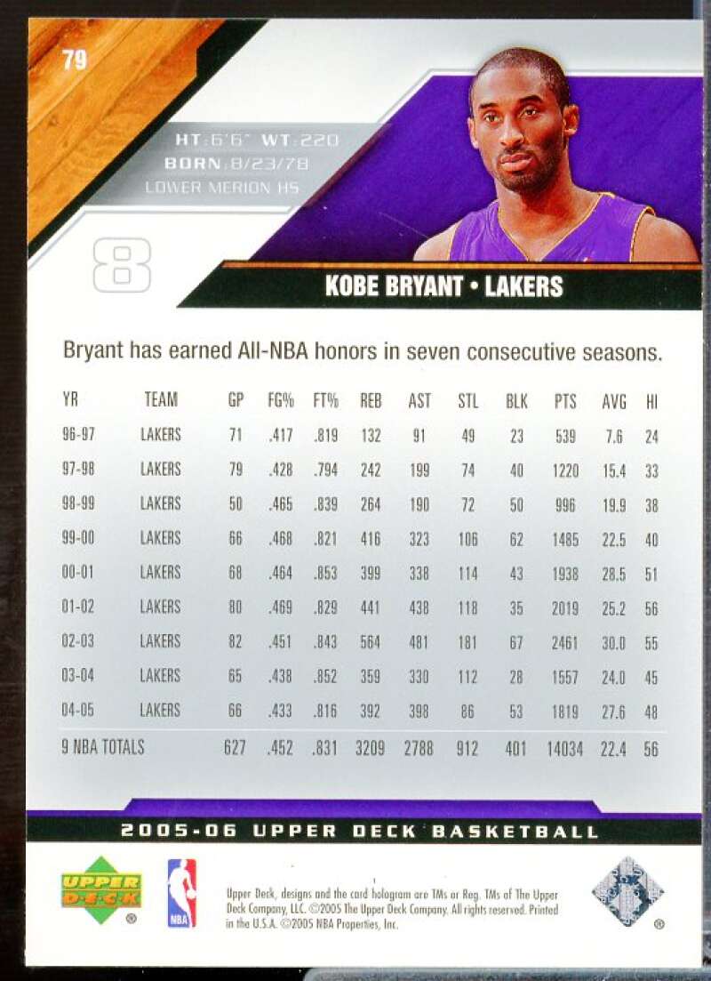 Kobe Bryant Card 2005-06 Upper Deck #79  Image 2