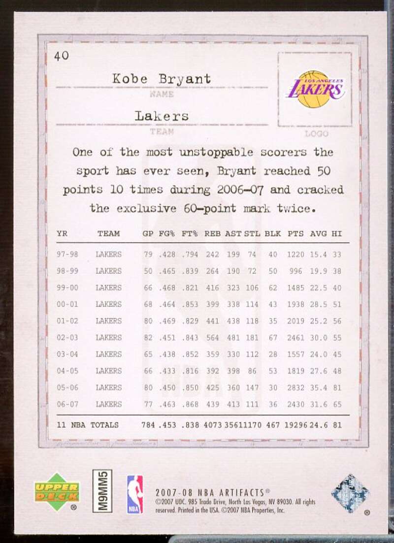 Kobe Bryant Card 2007-08 Artifacts #40  Image 2