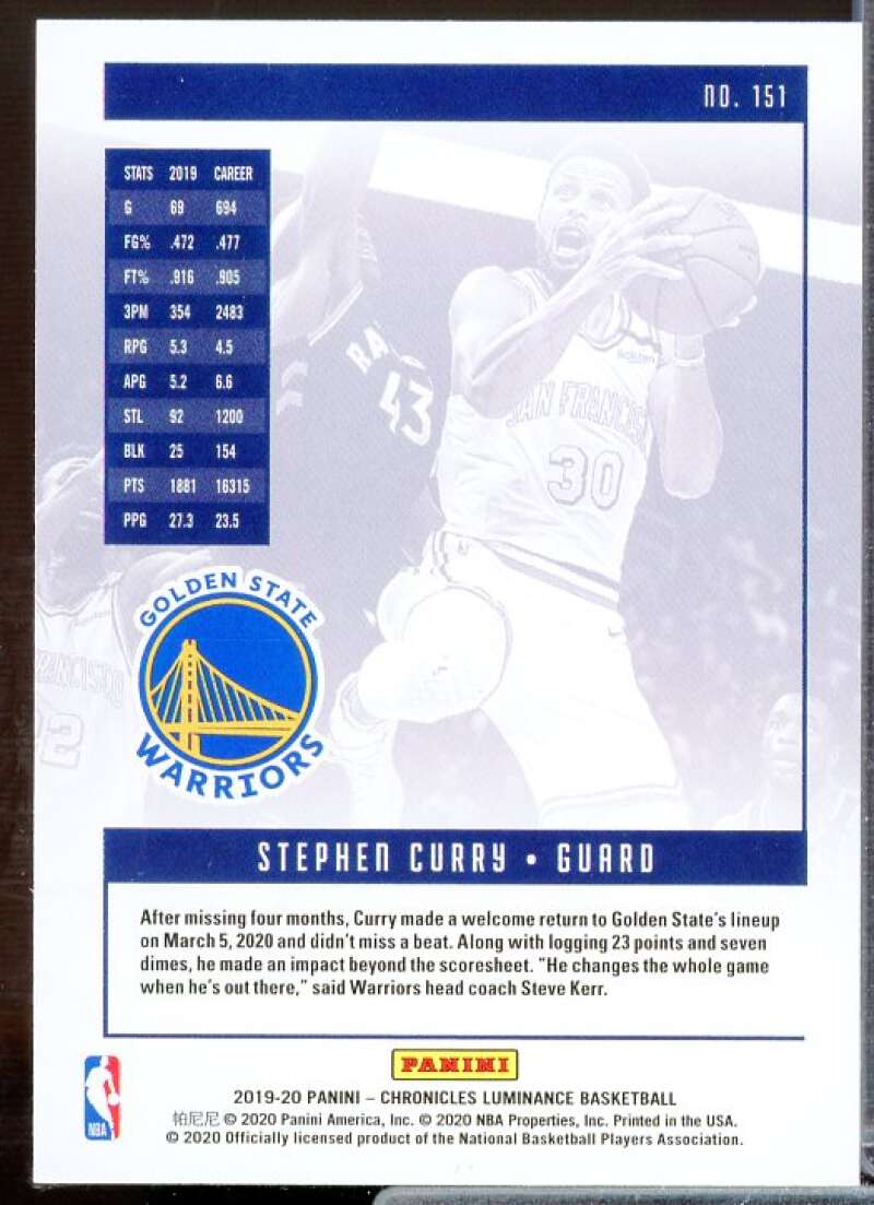 Stephen Curry/Luminance Card 2019-20 Panini Chronicles #151  Image 2