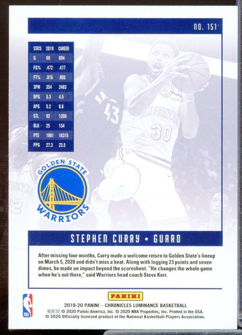 Stephen Curry/Luminance Card 2019-20 Panini Chronicles #151  Image 2