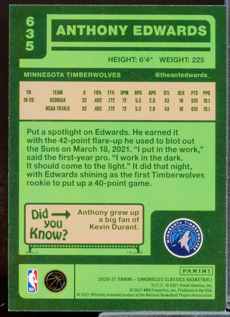 Anthony Edwards/Classics Rookie Card 2020-21 Panini Chronicles #635  Image 2