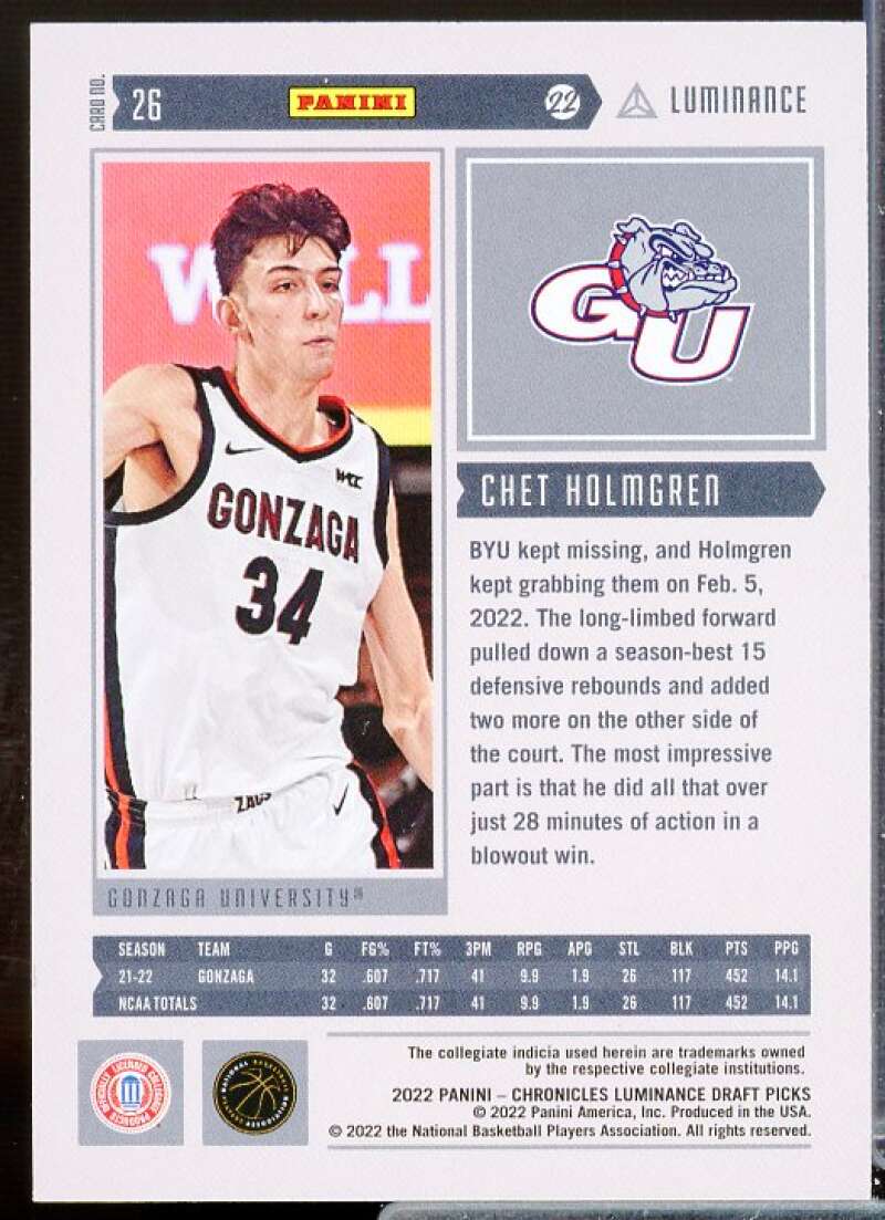 Chet Holmgren Rookie Card 2022-23 Panini Chronicles Draft Picks Luminance #1  Image 2