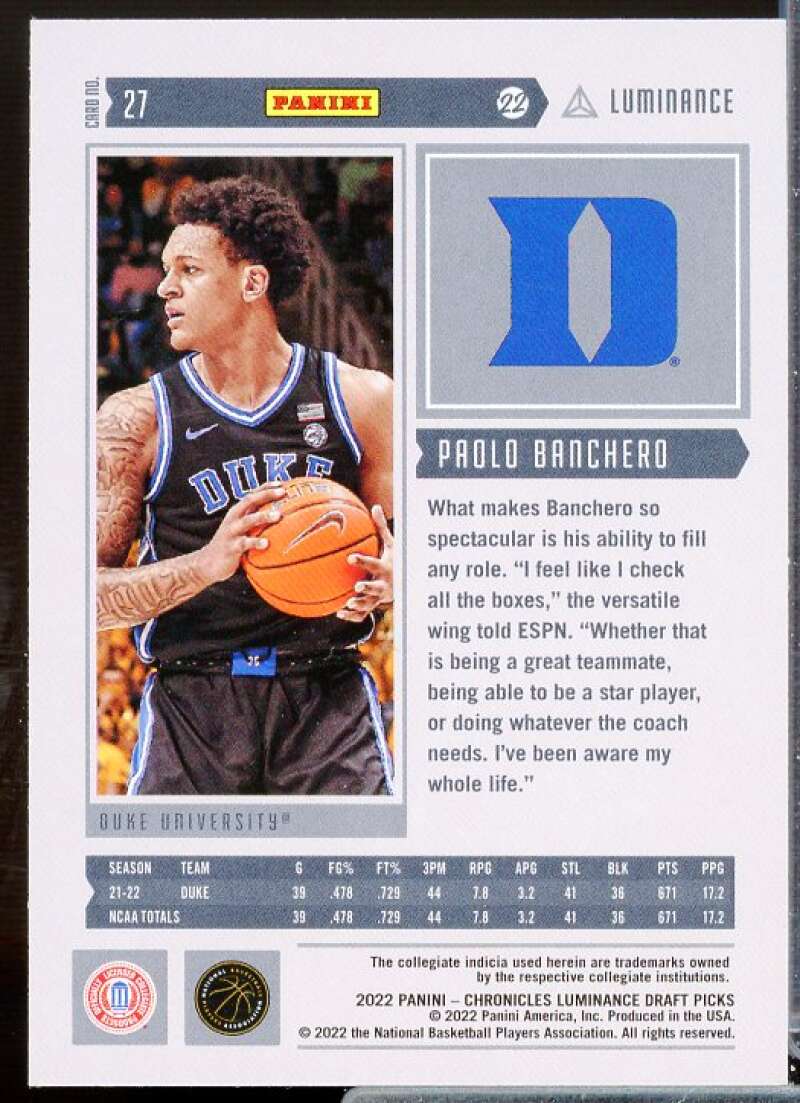 Paolo Banchero Rookie Card 2022-23 Panini Chronicles Draft Picks Luminance #27  Image 2