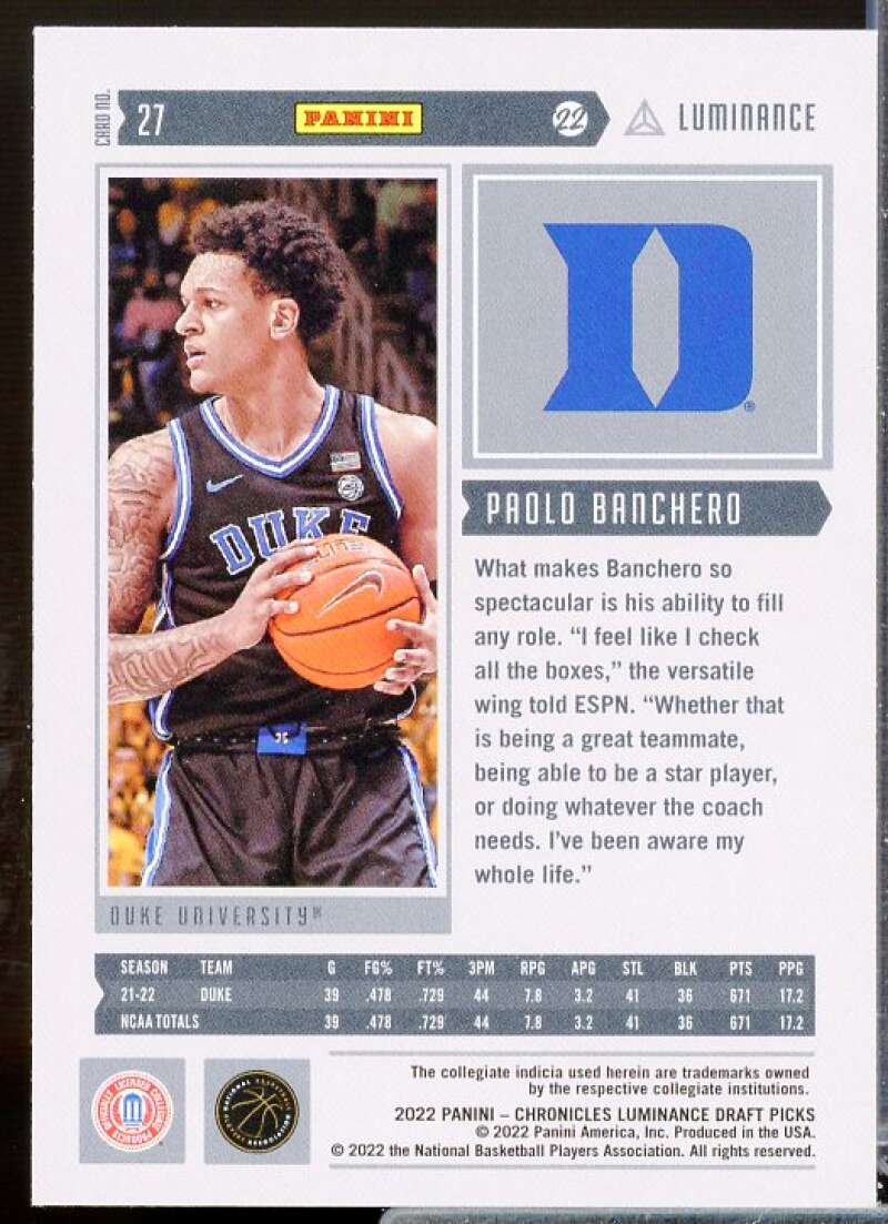 Paolo Banchero Rookie 2022-23 Panini Chronicles Draft Picks Luminance Pink #27  Image 2