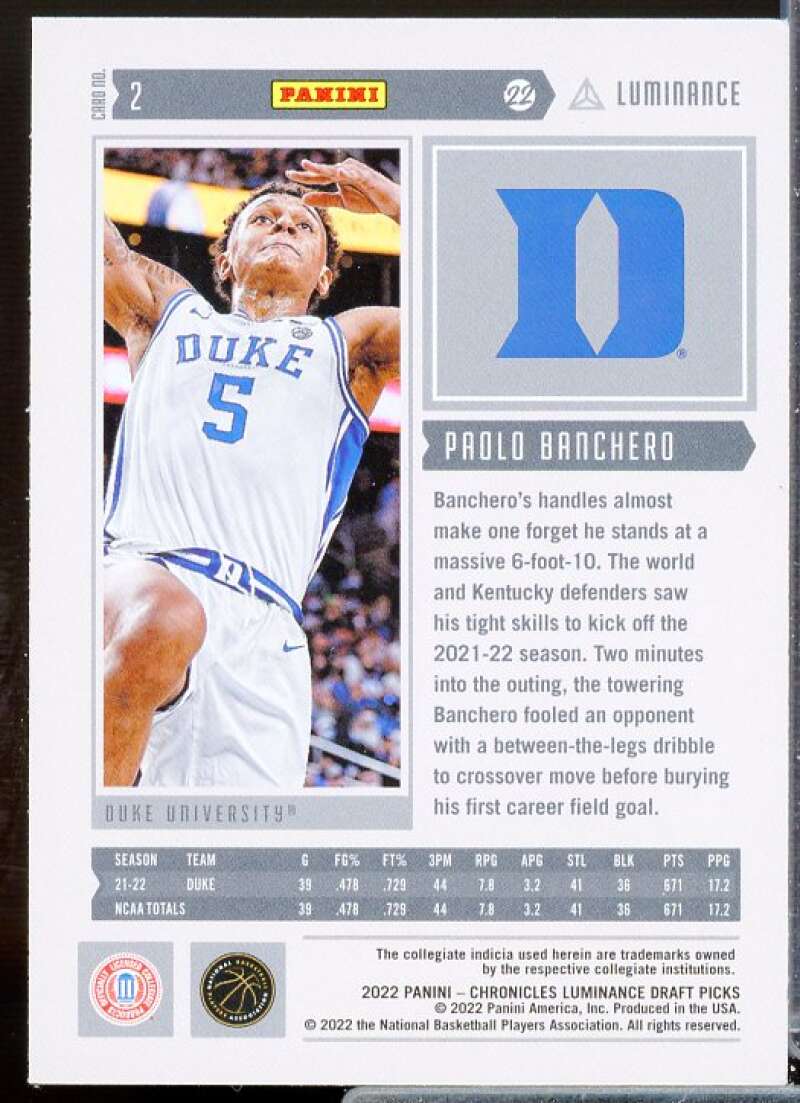 Paolo Banchero Card 2022-23 Panini Chronicles Draft Picks Luminance #2  Image 2