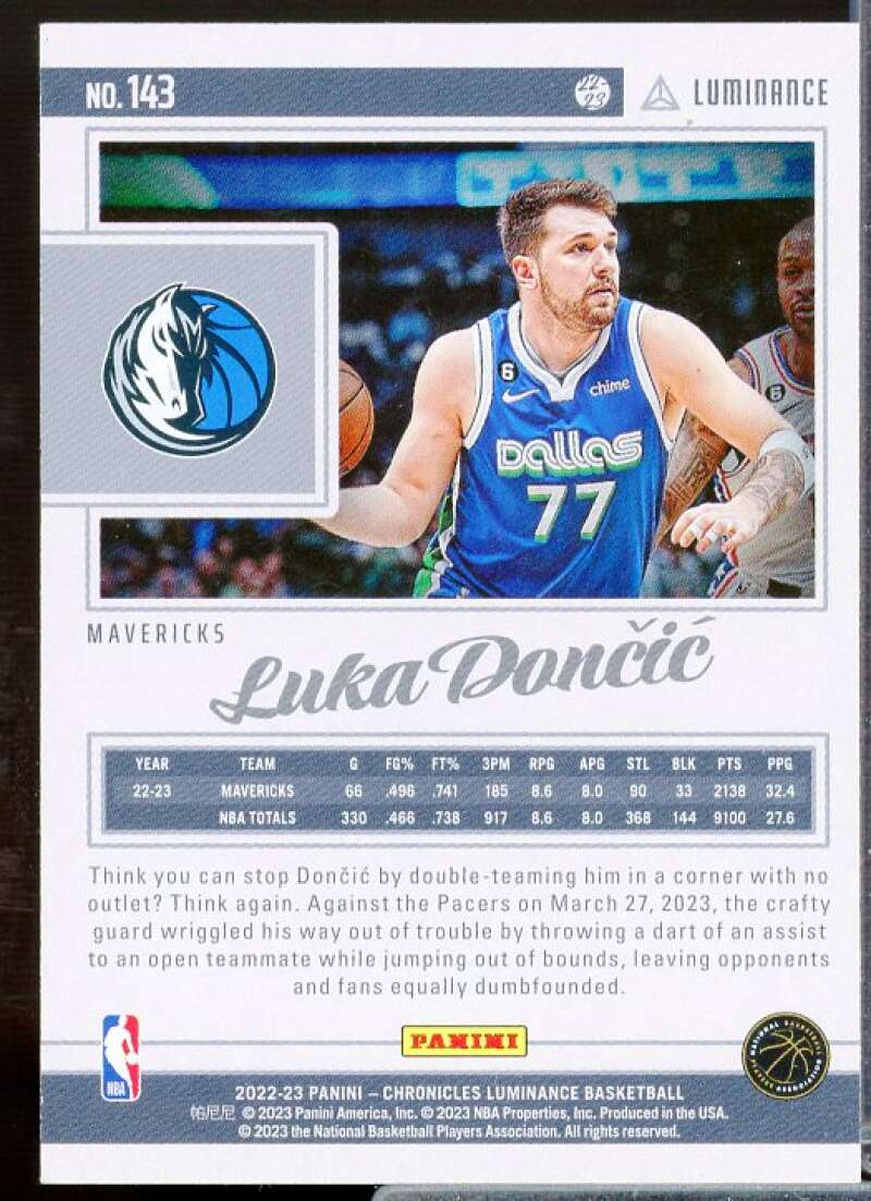 Luka Doncic/Luminance Card 2022-23 Panini Chronicles #143  Image 2