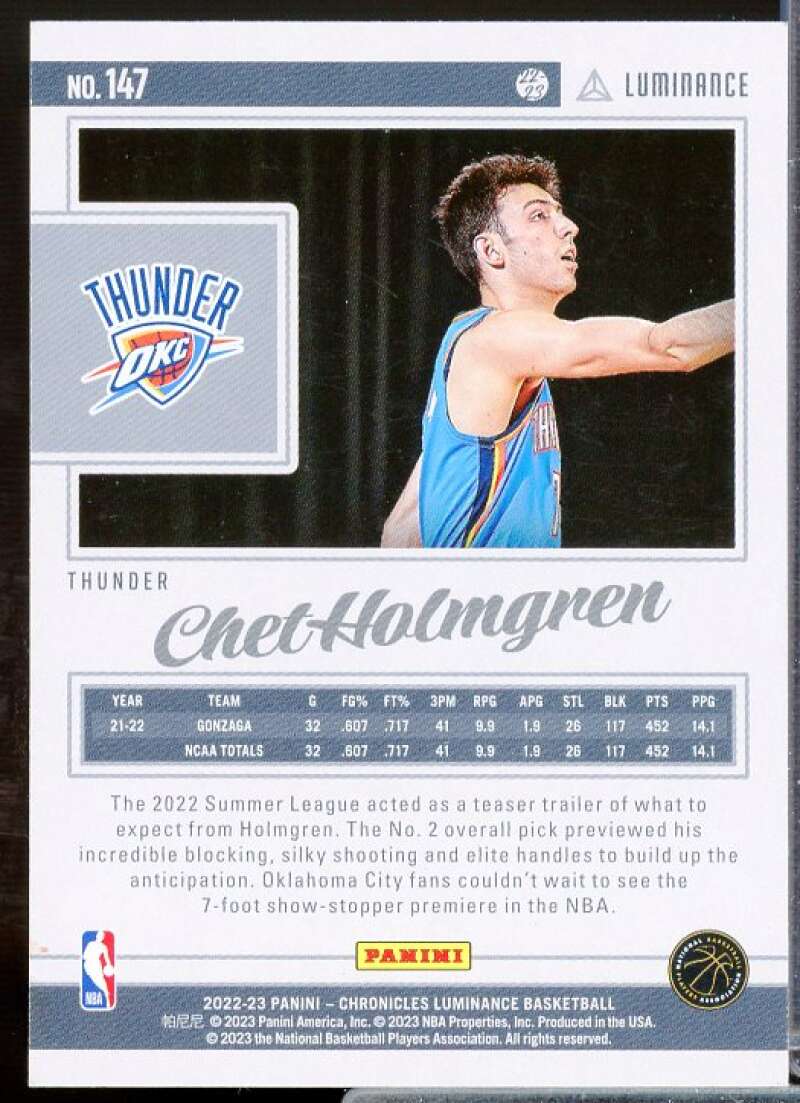 Chet Holmgren/Luminance Rookie Card 2022-23 Panini Chronicles #147  Image 2