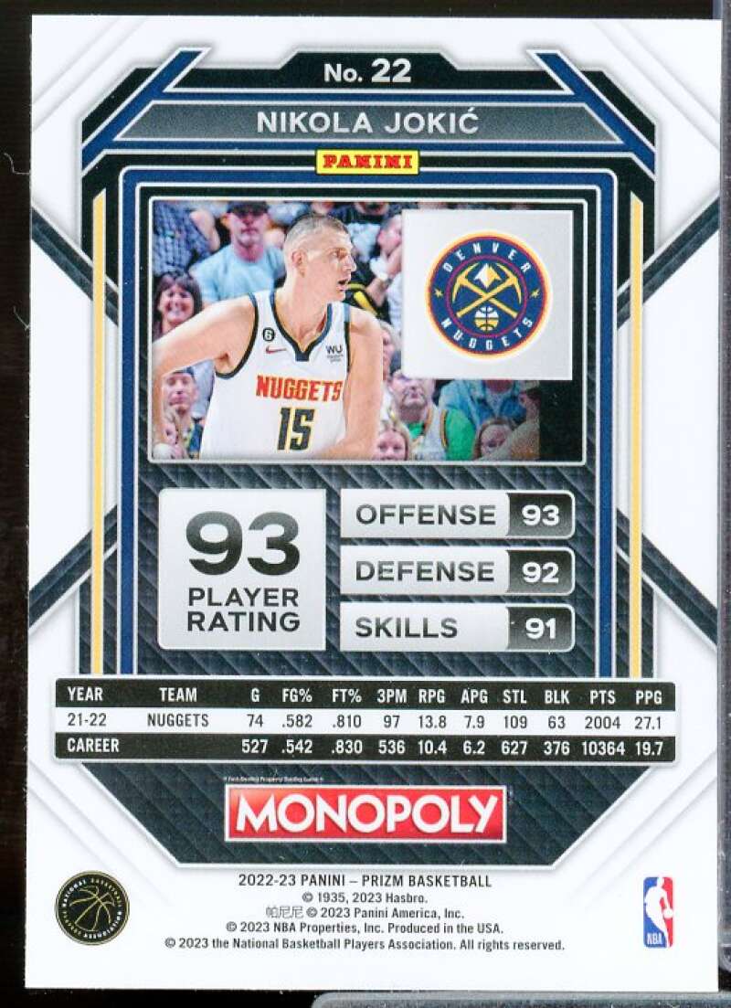 Nikola Jokic Card 2022-23 Panini Prizm Monopoly #22  Image 2