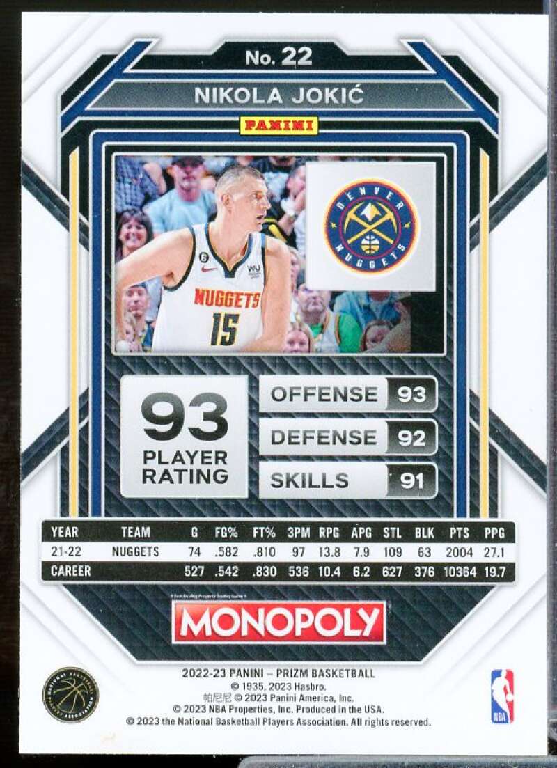 Nikola Jokic Card 2022-23 Panini Prizm Monopoly #22  Image 2