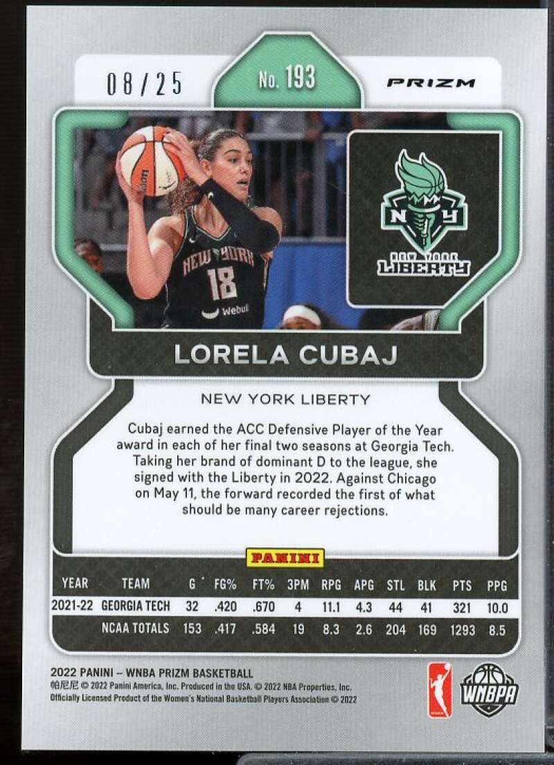 Lorela Cubaj Rookie Card 2022 Panini Prizm WNBA Prizms Green Pulsar #193  Image 2