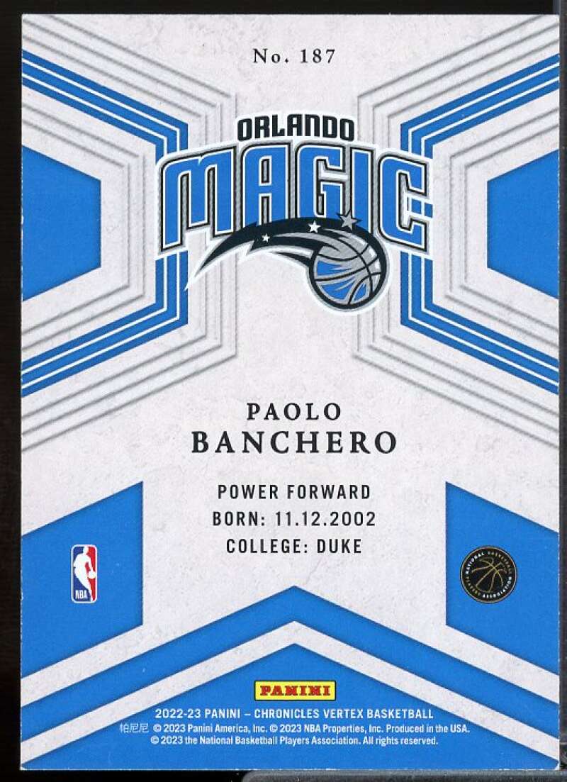 Paolo Banchero /Vertex Rookie Card 2022-23 Panini Chronicles #187  Image 2