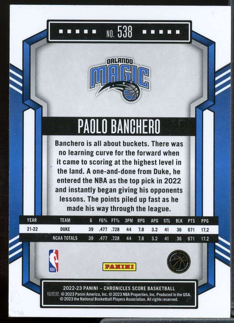 Paolo Banchero /Score Rookie Card 2022-23 Panini Chronicles #538  Image 2