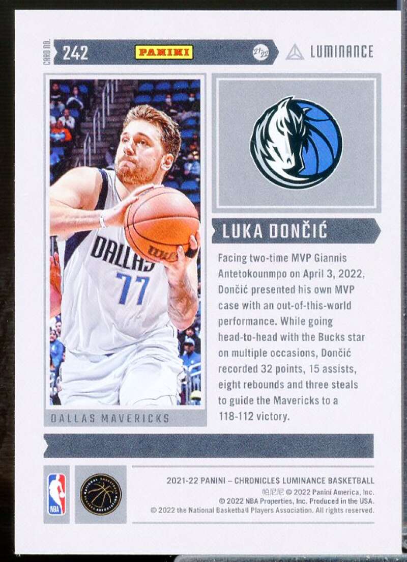 Luka Doncic/Luminance Card 2021-22 Panini Chronicles #242  Image 2