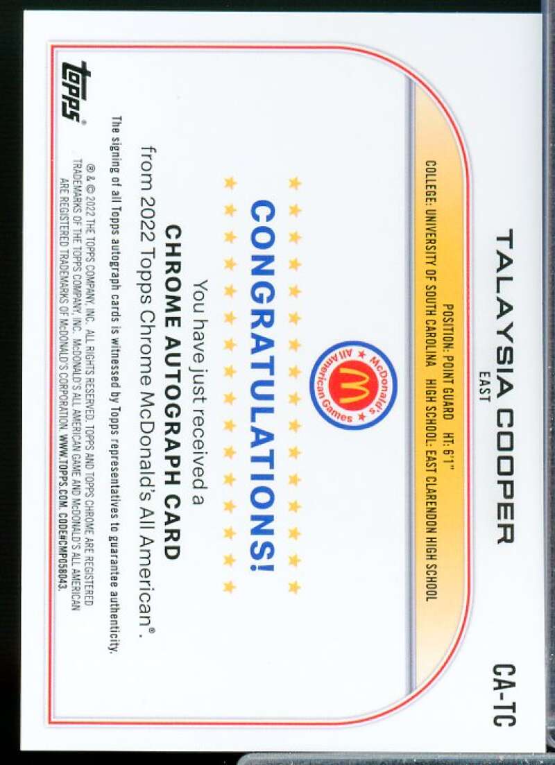 Talaysia Cooper Card 2022 Topps Chrome McDonald's All American Autographs #CATC  Image 2