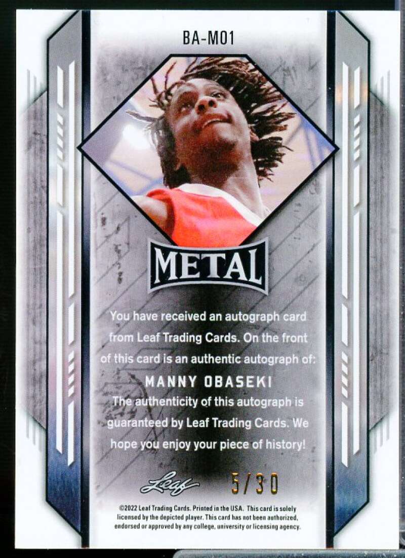 Manny Obaseki Rookie Card 2021-22 Leaf Metal Blue Wave #BAMO1  Image 2