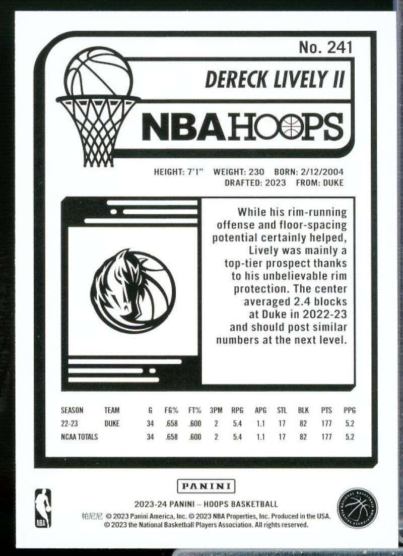 Dereck Lively II Rookie Card 2023-24 Hoops Purple #241  Image 2